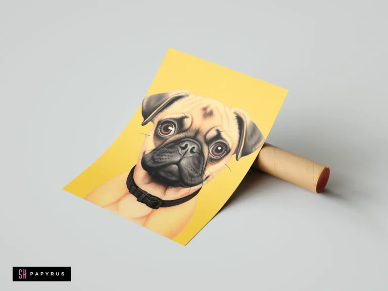 Cute pug puppy art print on yellow background, kids room nursery wall decor illustration.