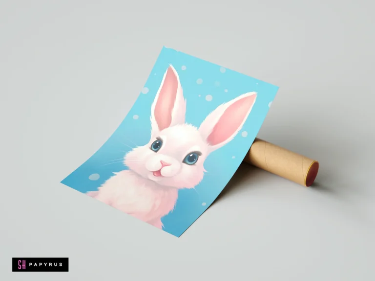 Cute white bunny illustration on blue polka dot background, shown as a poster print.