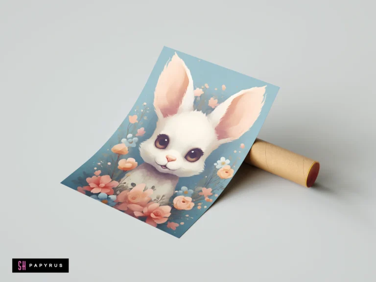 Soft watercolor illustration of a cute white bunny surrounded by pastel pink and blue flowers.