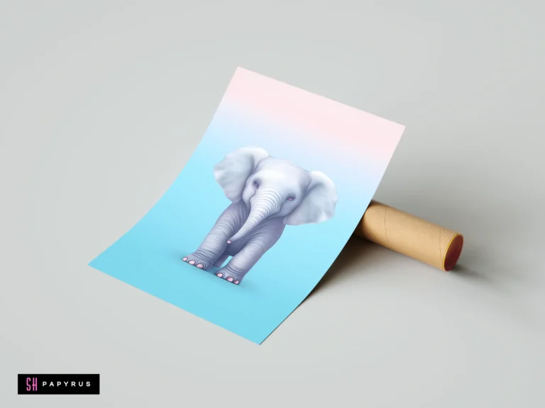 Stylized baby elephant art print with soft pink and blue gradient background for nursery decor