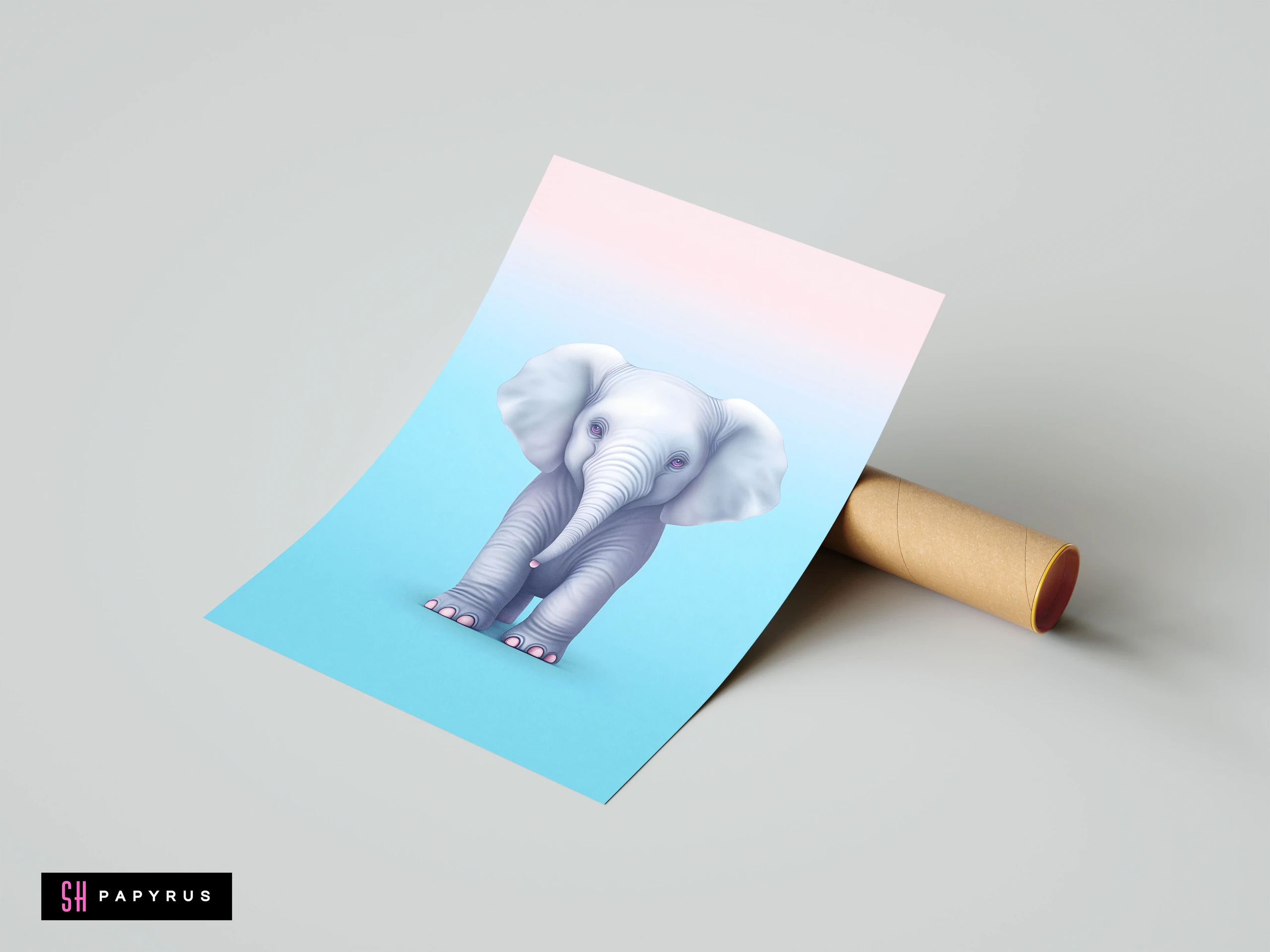 Stylized baby elephant art print with soft pink and blue gradient background for nursery decor