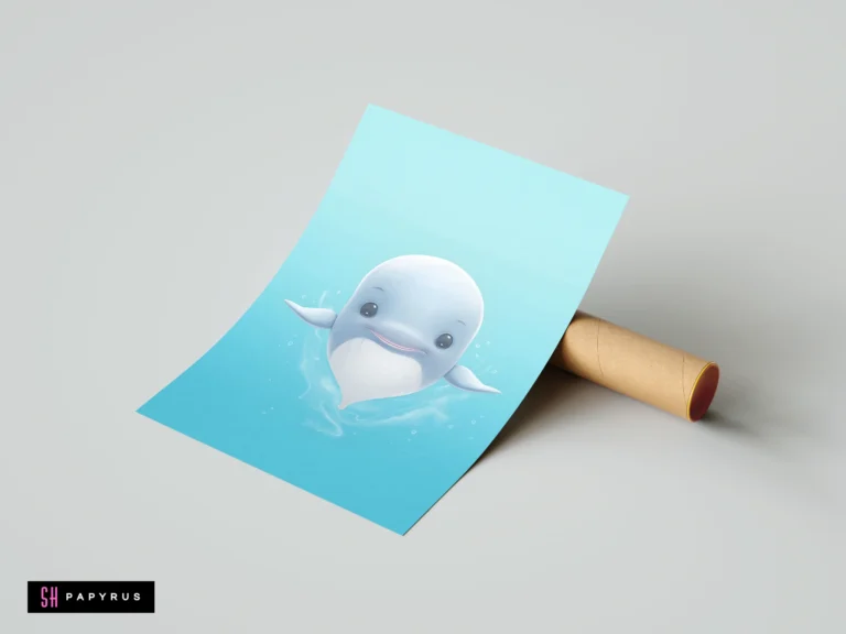 Whimsical baby blue whale art print on a light blue background for nursery decor.