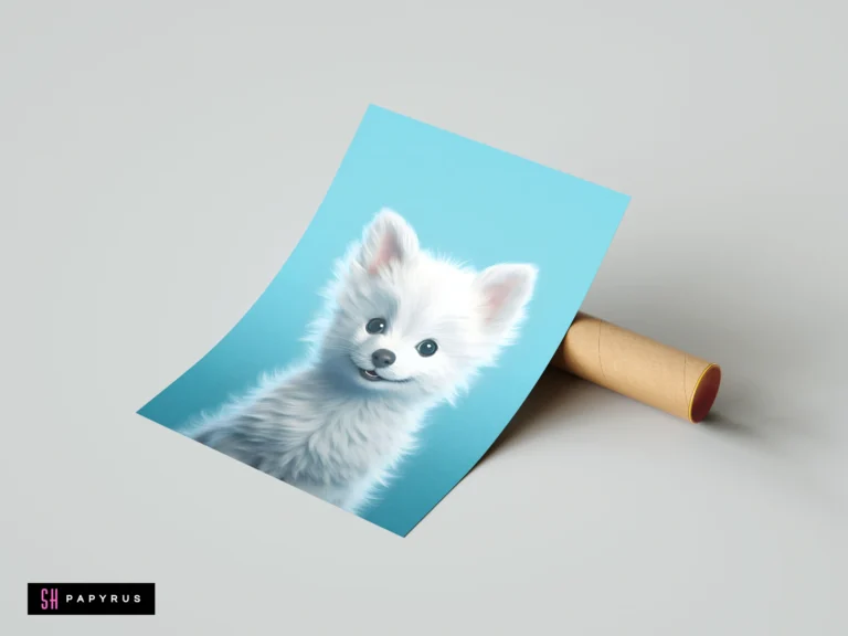 Fluffy white puppy digital art print on a blue background for nursery wall decor.
