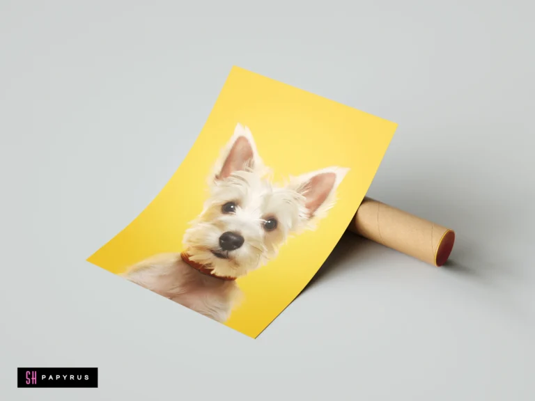 Minimalist white Westie puppy art print with a vibrant yellow background for nursery decor.