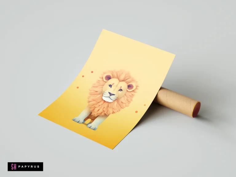 Whimsical standing lion cub nursery art print with soft textures on a yellow background.