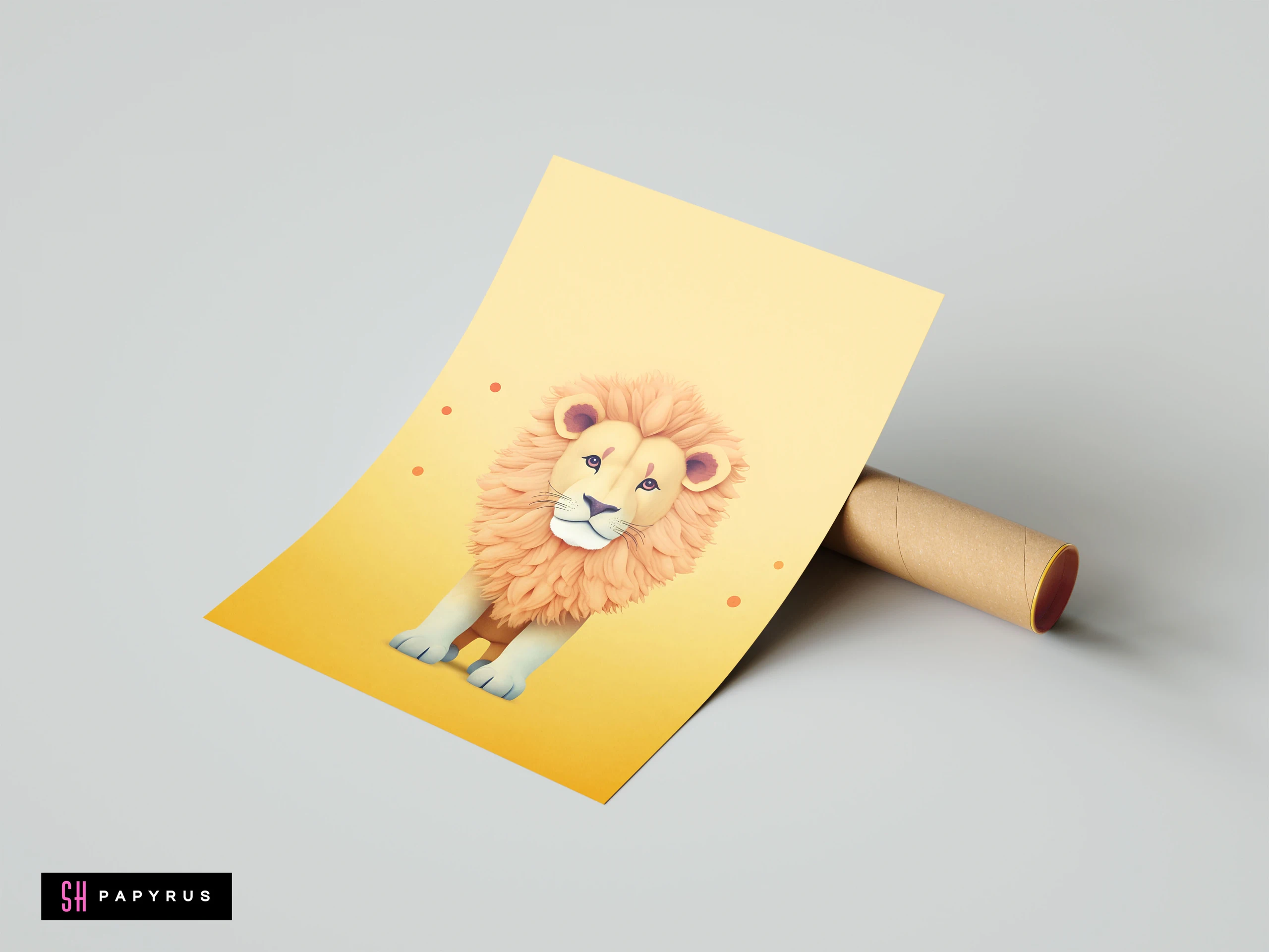 Whimsical standing lion cub nursery art print with soft textures on a yellow background.