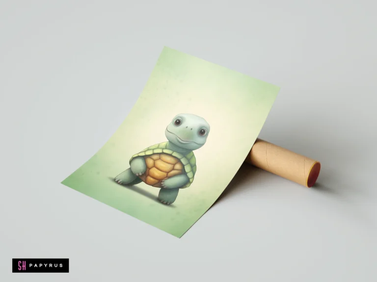 Cute standing green turtle nursery art print with a soft, whimsical illustrative style.