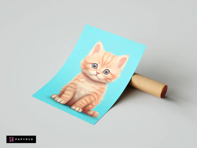 Cute fluffy orange kitten art print with big blue eyes on light blue background.