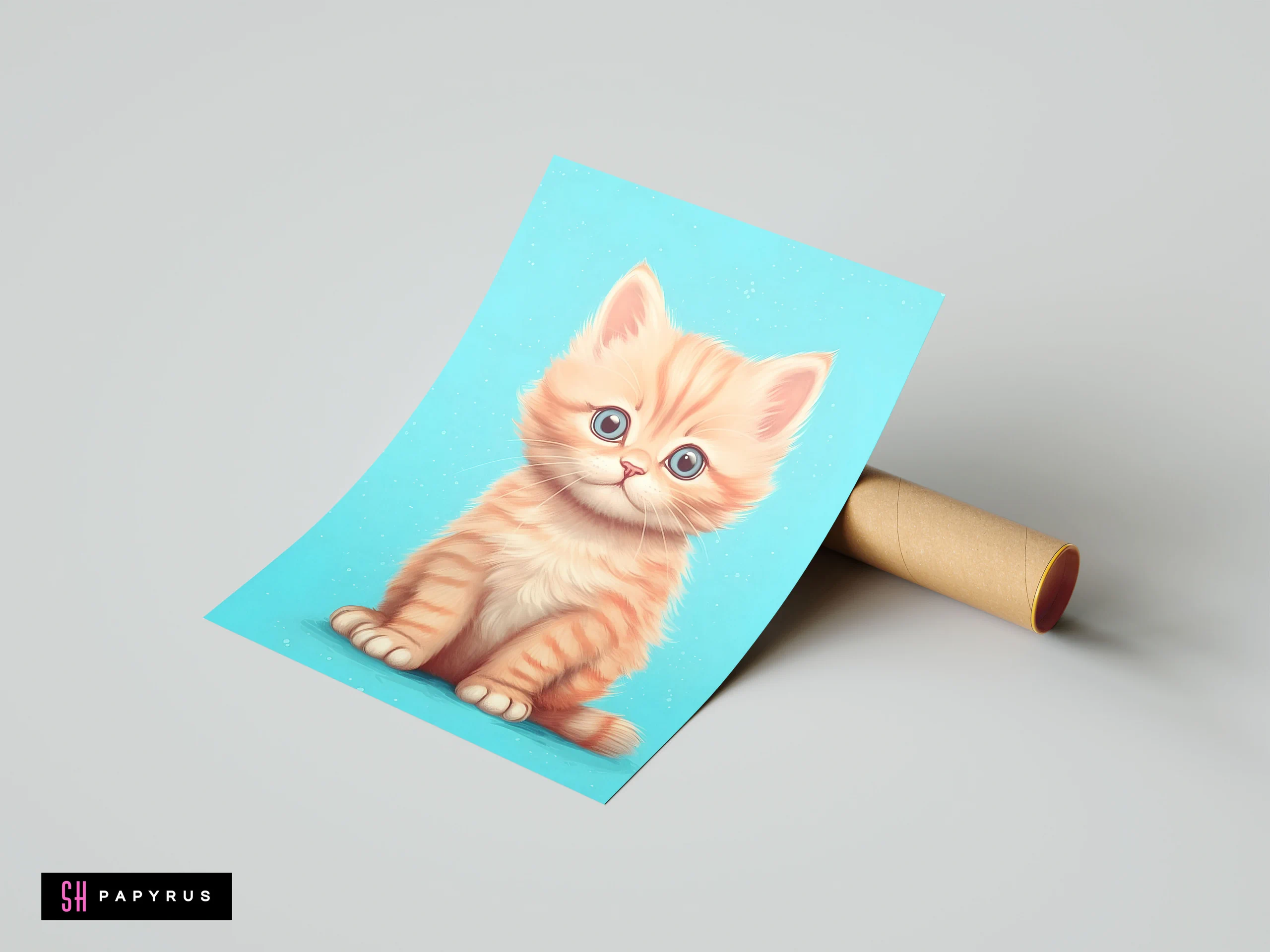 Cute fluffy orange kitten art print with big blue eyes on light blue background.