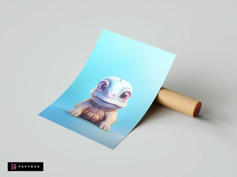 Whimsical 3D baby sea turtle art print with large eyes on light blue background.