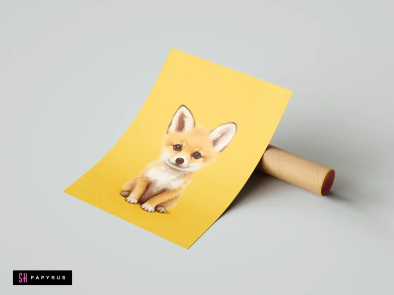 Whimsical illustrated baby fox sitting on a bright yellow background for nursery wall art.