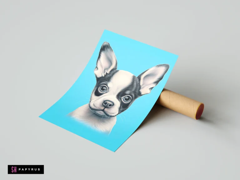 Whimsical black and white puppy illustration on a bright blue background for nursery wall art.