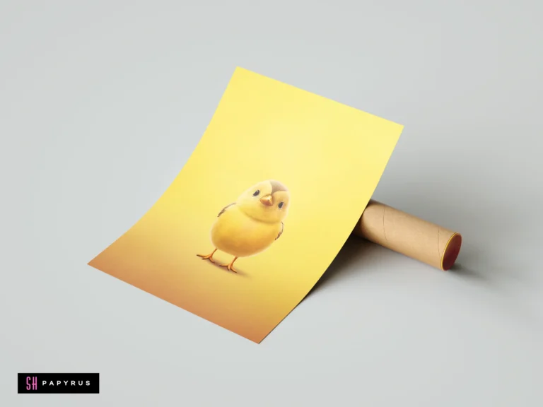 Whimsical yellow chick illustration on a gradient background for farm animal nursery wall art.