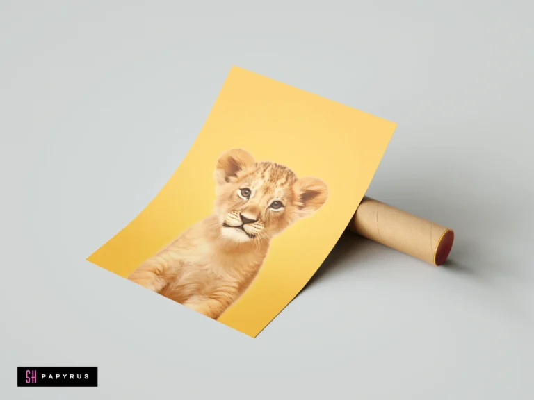 Soft realistic lion cub illustration on a vibrant yellow background for safari-themed nursery decor.