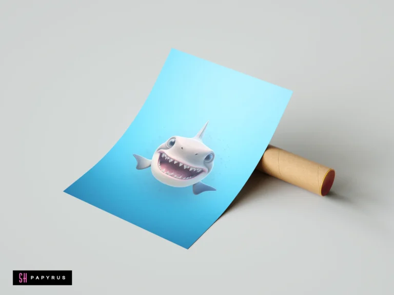 Friendly smiling cartoon shark art print with blue ocean background for nursery wall decor.