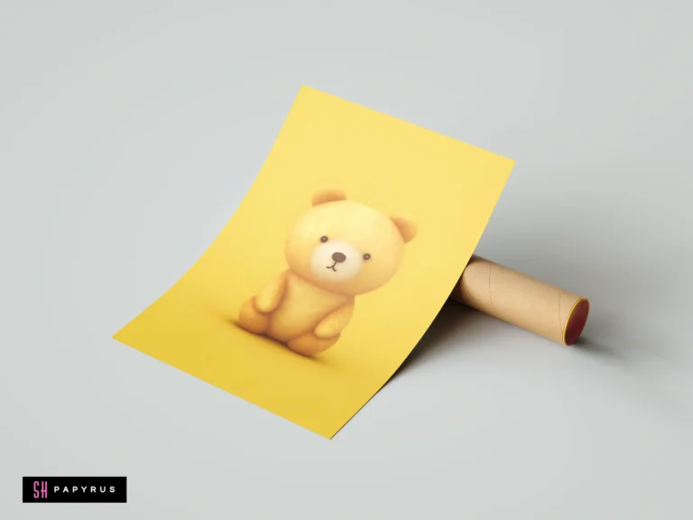 Minimalist yellow teddy bear art print with soft illustration style for nursery wall decor.