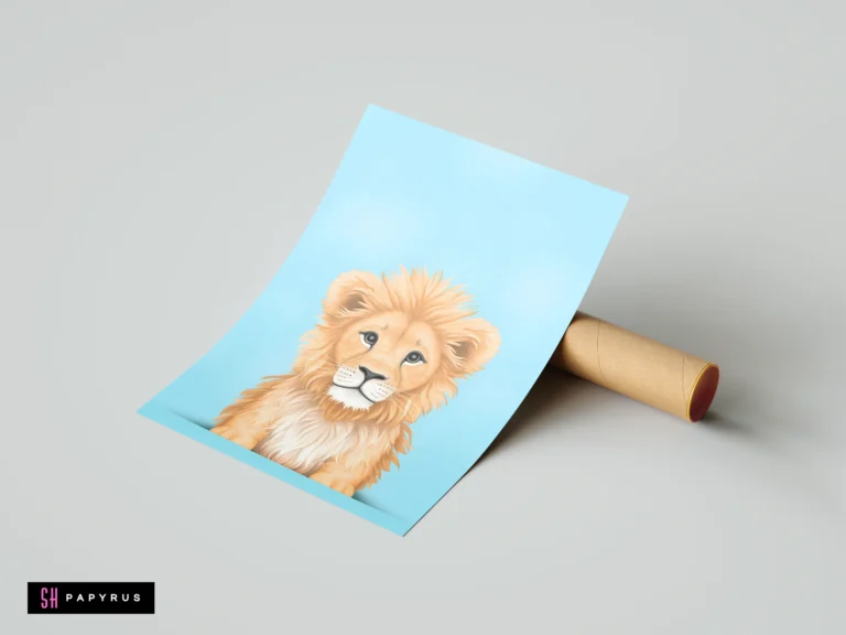 Adorable cartoon lion illustration poster on light blue background with a cardboard tube.