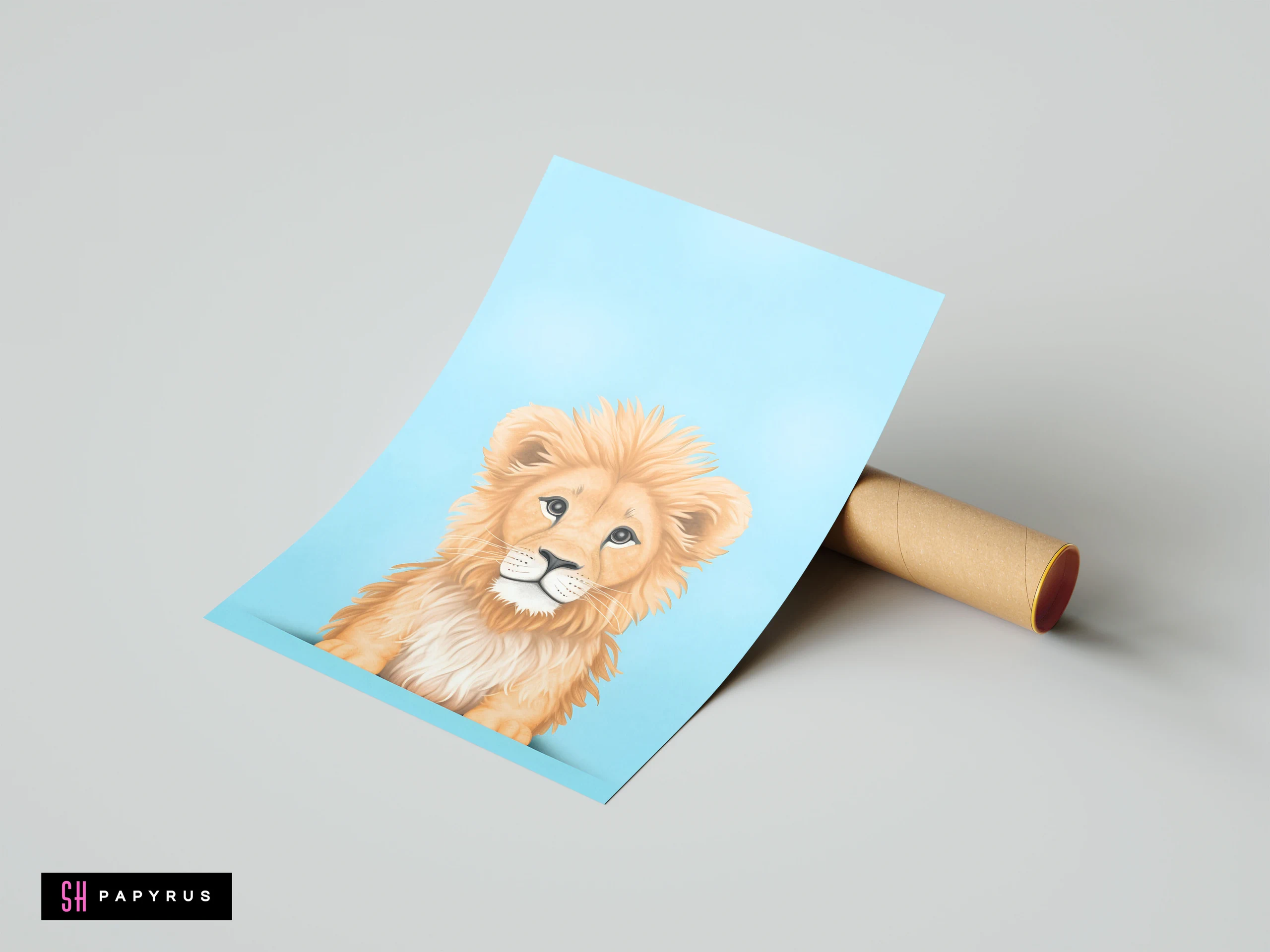 Adorable cartoon lion illustration poster on light blue background with a cardboard tube.