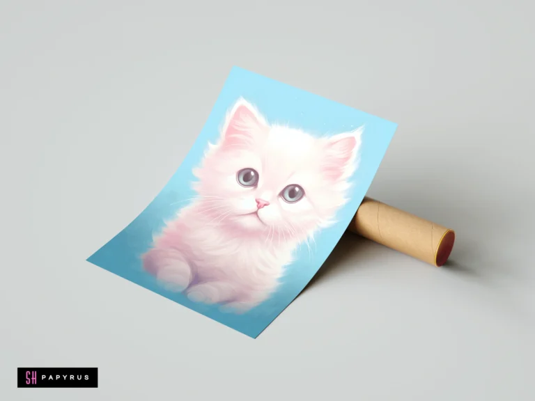 Soft white fluffy kitten art print with large blue eyes on a blue background.
