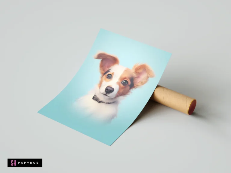 Soft digital illustration of a brown and white puppy on a light blue background.