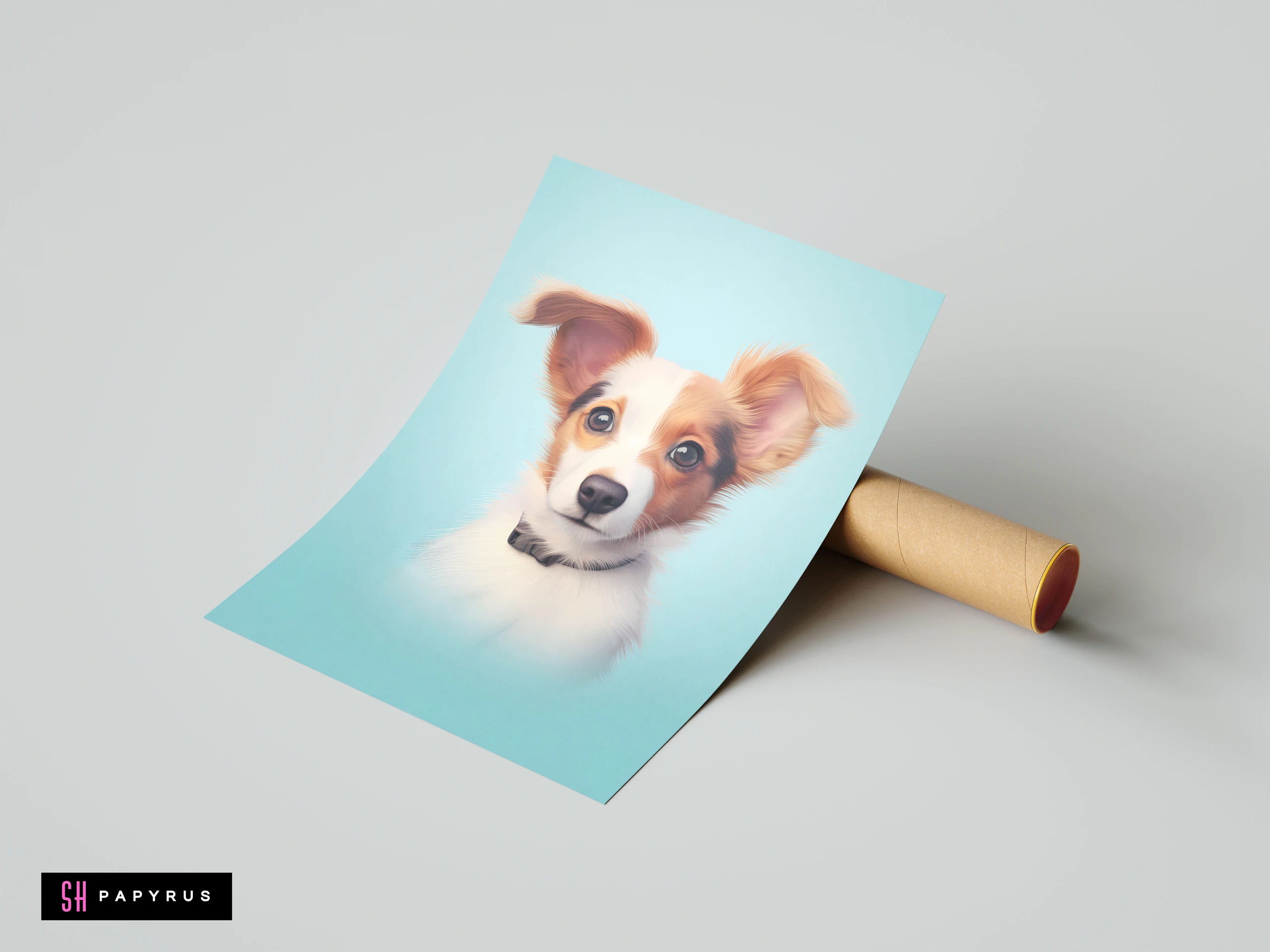 Soft digital illustration of a brown and white puppy on a light blue background.
