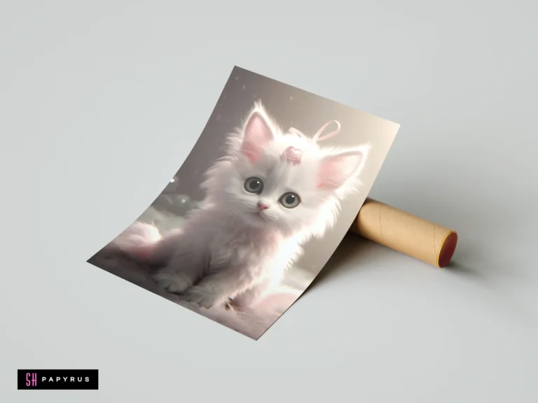 Soft whimsical digital painting of a fluffy white kitten with a pink bow.