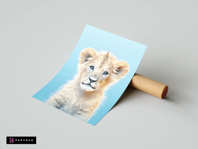 Realistic lion cub portrait with blue eyes on light blue background, safari nursery wall decor.