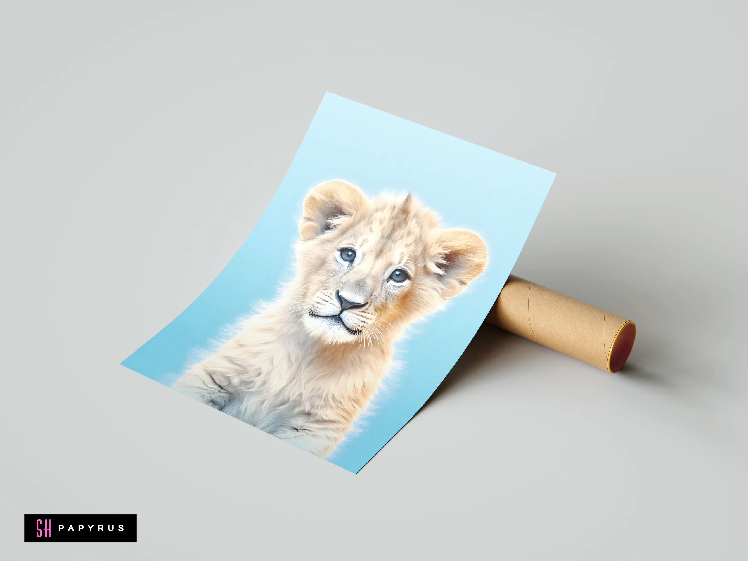 Realistic lion cub portrait with blue eyes on light blue background, safari nursery wall decor.