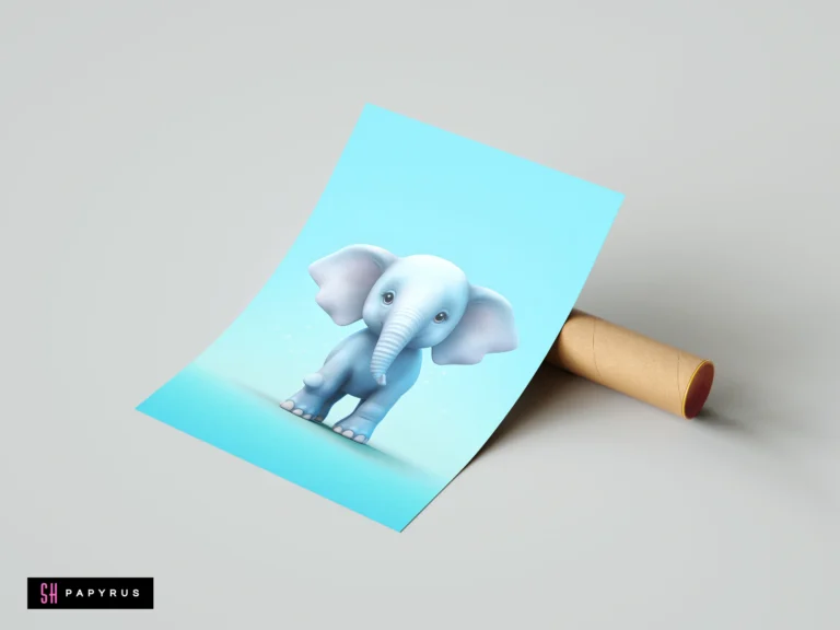 Cute 3D baby elephant digital art print on light blue background for nursery decor.
