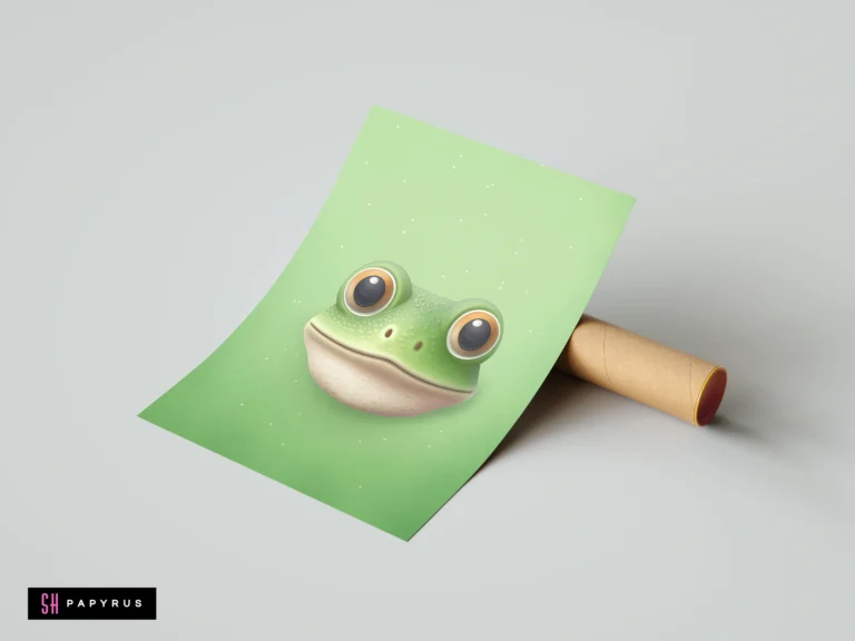 Whimsical green frog face illustration with large eyes for kids' room nursery decor.