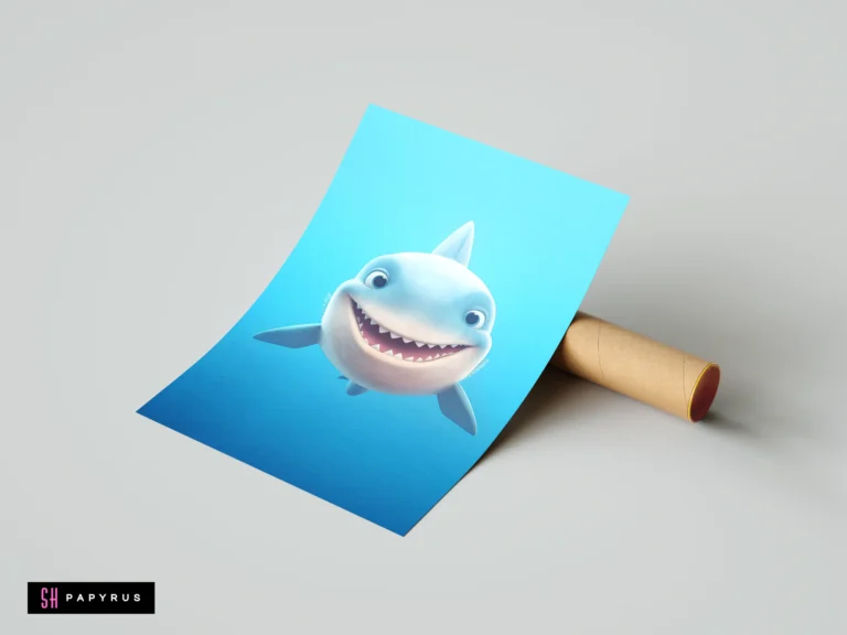 Cute smiling shark digital art print for ocean themed nursery wall decor.