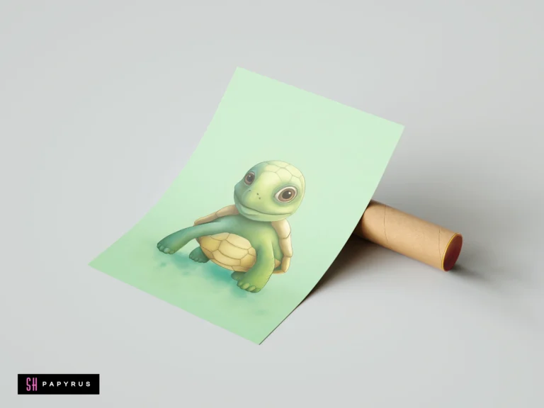 Cute cartoon green turtle illustration on a mint background for nursery wall art decor.