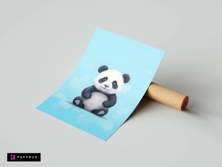 Cute sitting panda bear art print with a light blue background for nursery decor.