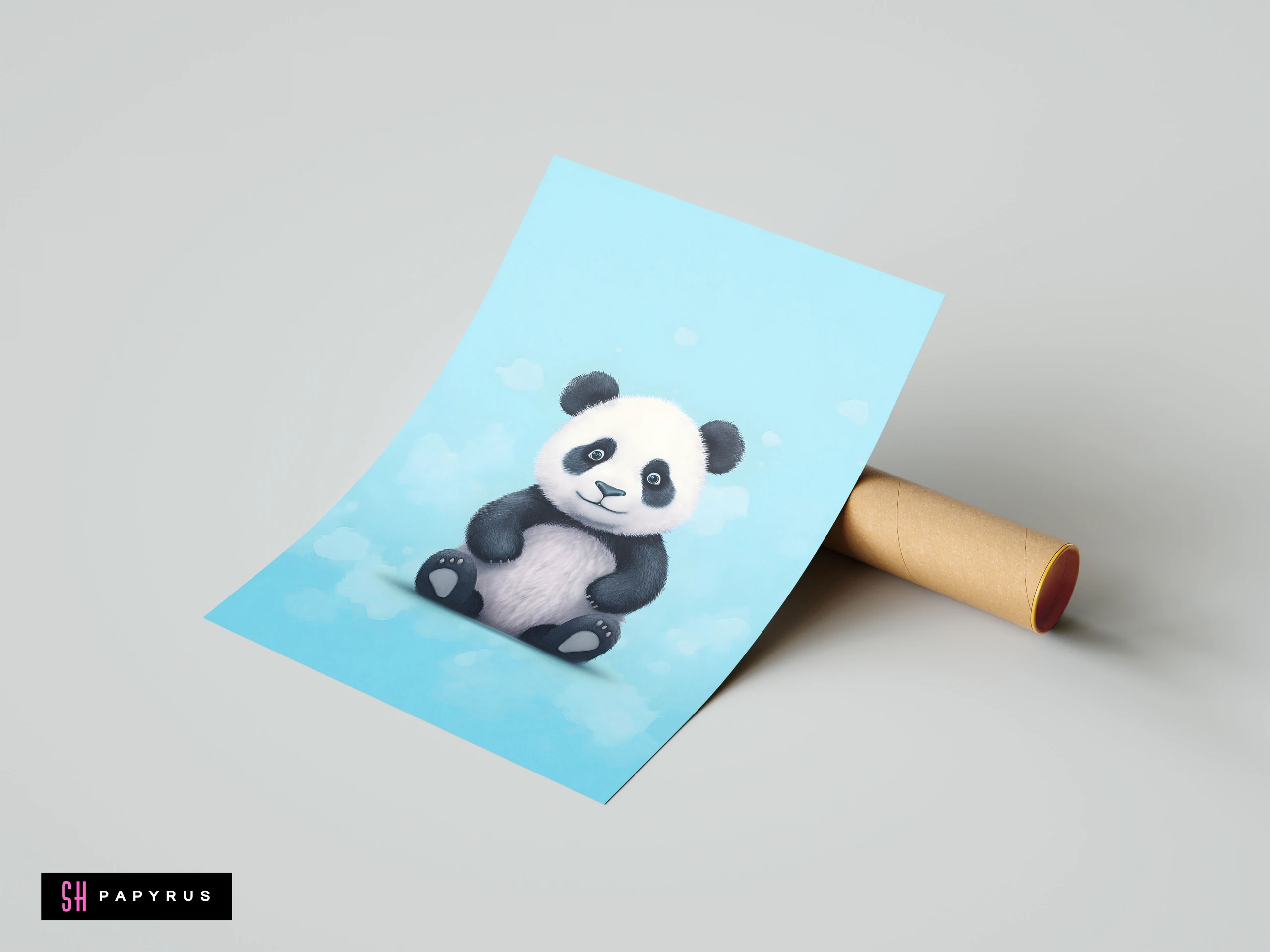 Cute sitting panda bear art print with a light blue background for nursery decor.