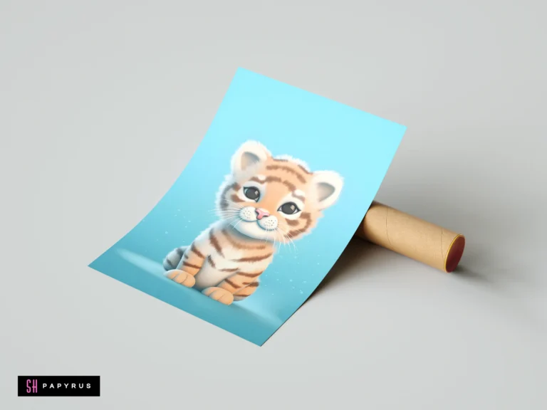 Cute tiger cub art print on light blue background, soft nursery safari decor style.