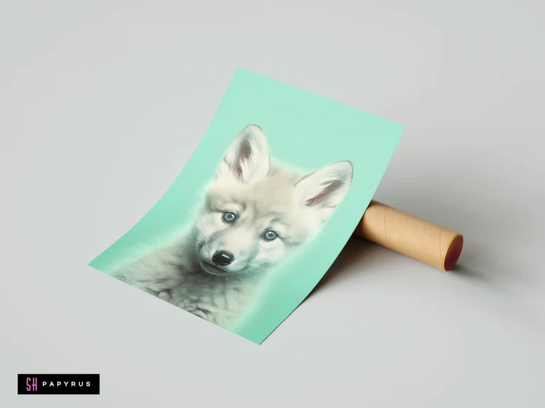 Realistic white wolf cub art print with blue eyes on a mint green background.
