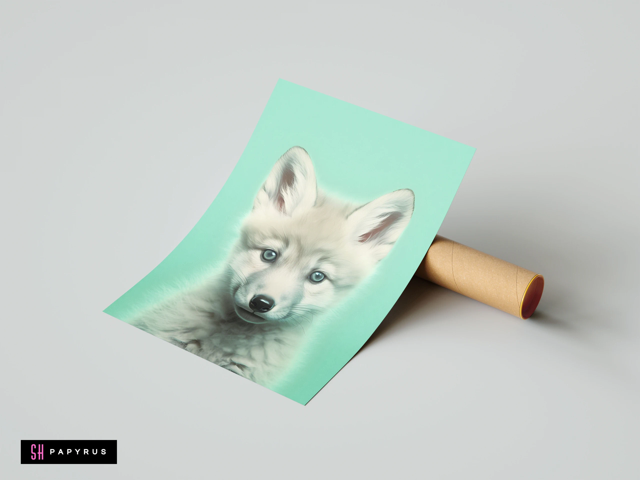 Realistic white wolf cub art print with blue eyes on a mint green background.