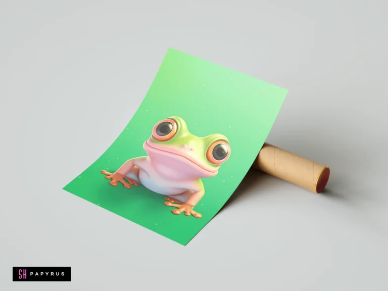 Whimsical 3D green tree frog art print with large orange eyes for kids' nursery decor.