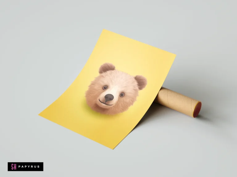 Soft-textured brown bear cub portrait on a vibrant yellow art print for nursery decor.