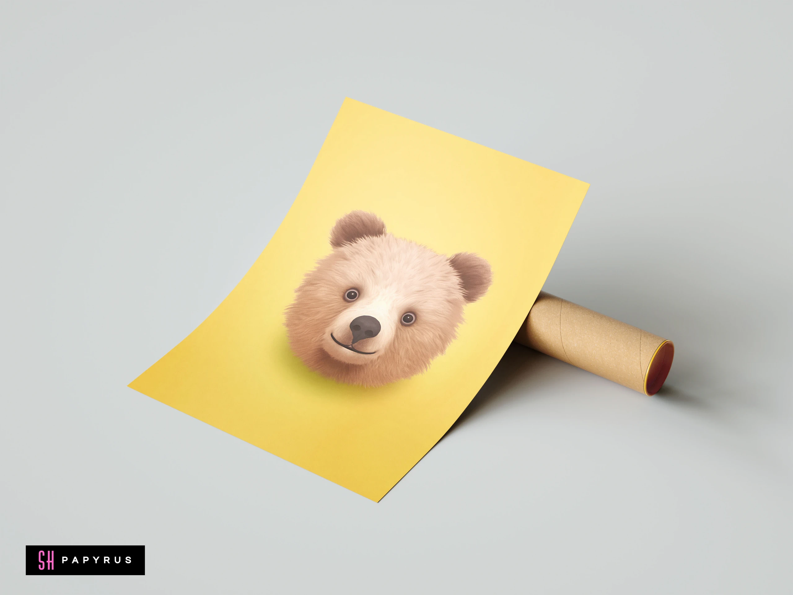 Soft-textured brown bear cub portrait on a vibrant yellow art print for nursery decor.