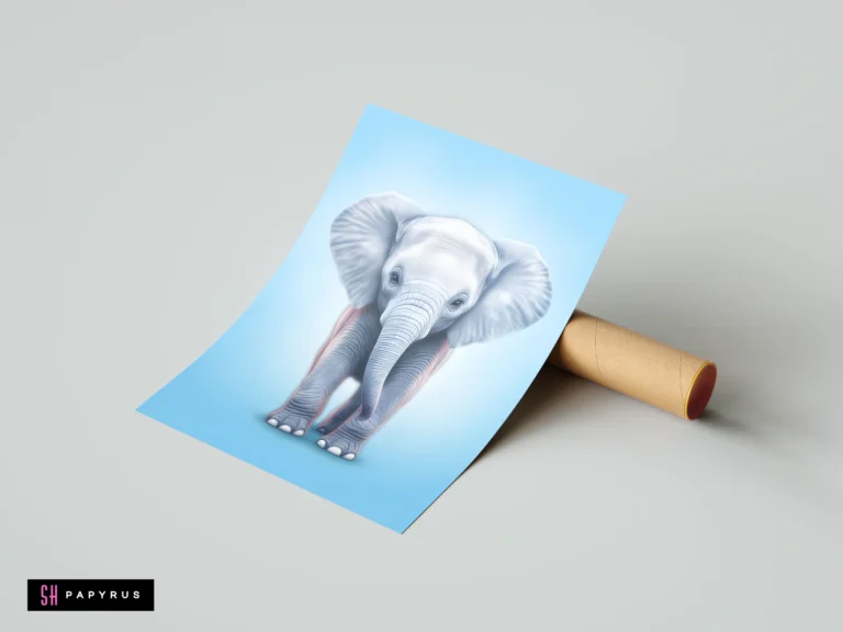 Softly illustrated walking baby elephant art print in grey and light blue tones.