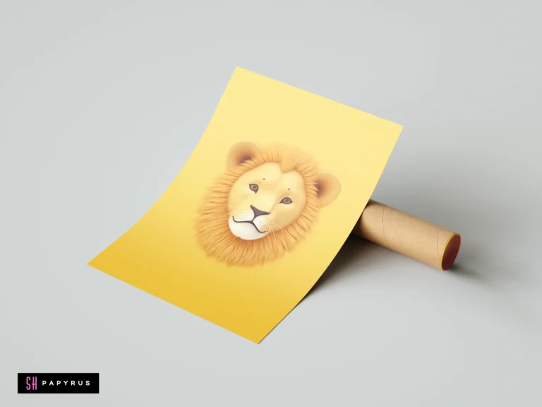 Whimsical yellow lion head portrait illustration, safari nursery art print on yellow paper.