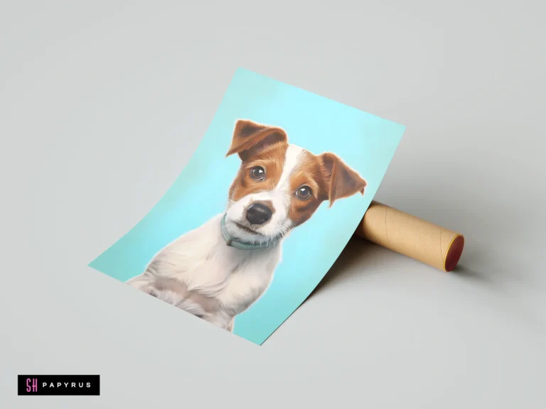 Jack Russell Terrier puppy digital art print on light blue background for nursery decor.