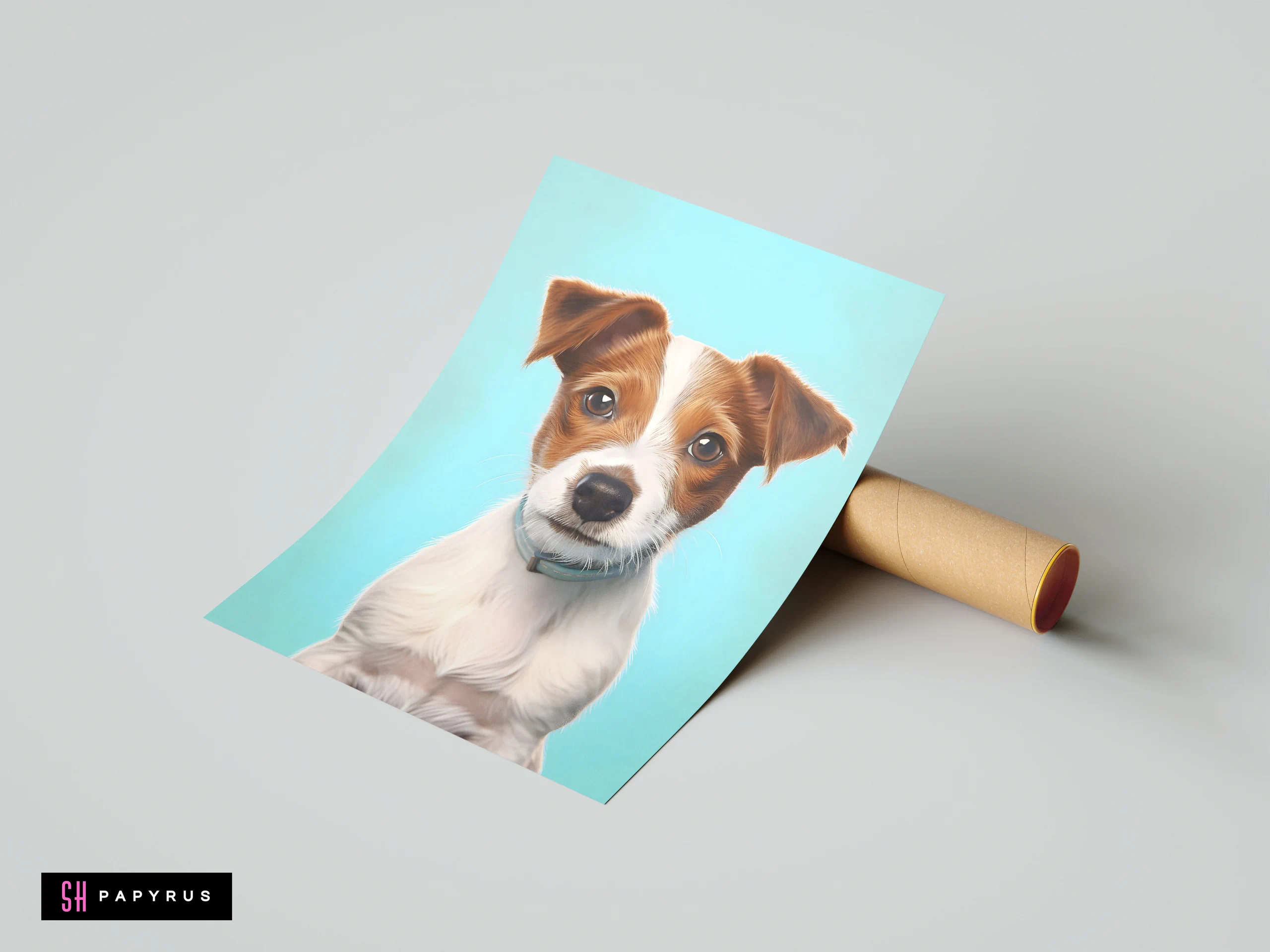 Jack Russell Terrier puppy digital art print on light blue background for nursery decor.