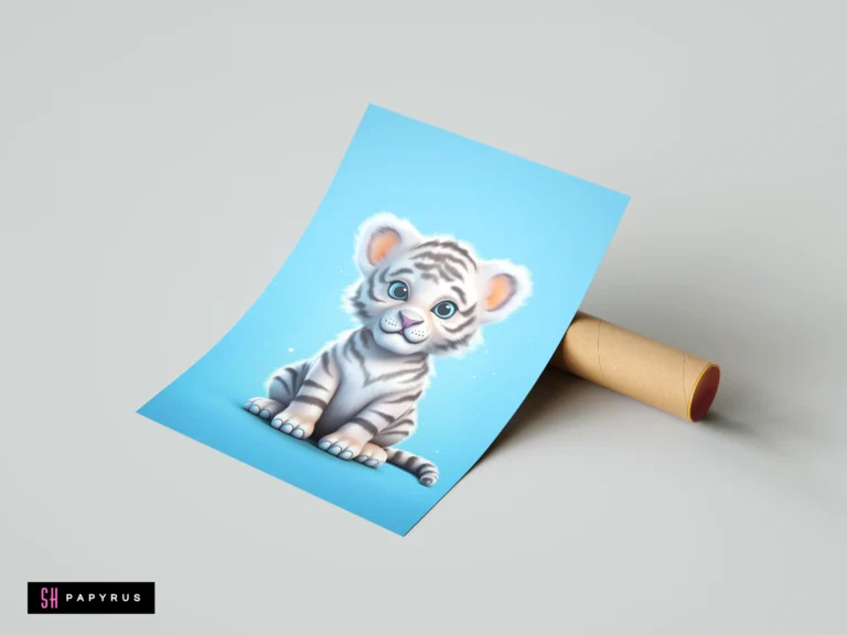 Cute illustrative white tiger cub with blue eyes on a blue background nursery art print.