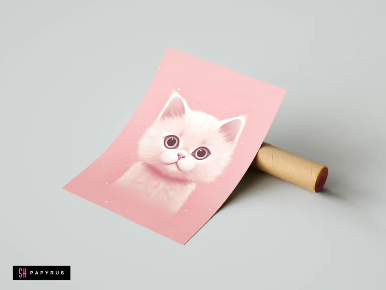Fluffy white kitten digital art print with large expressive eyes on a pink background.