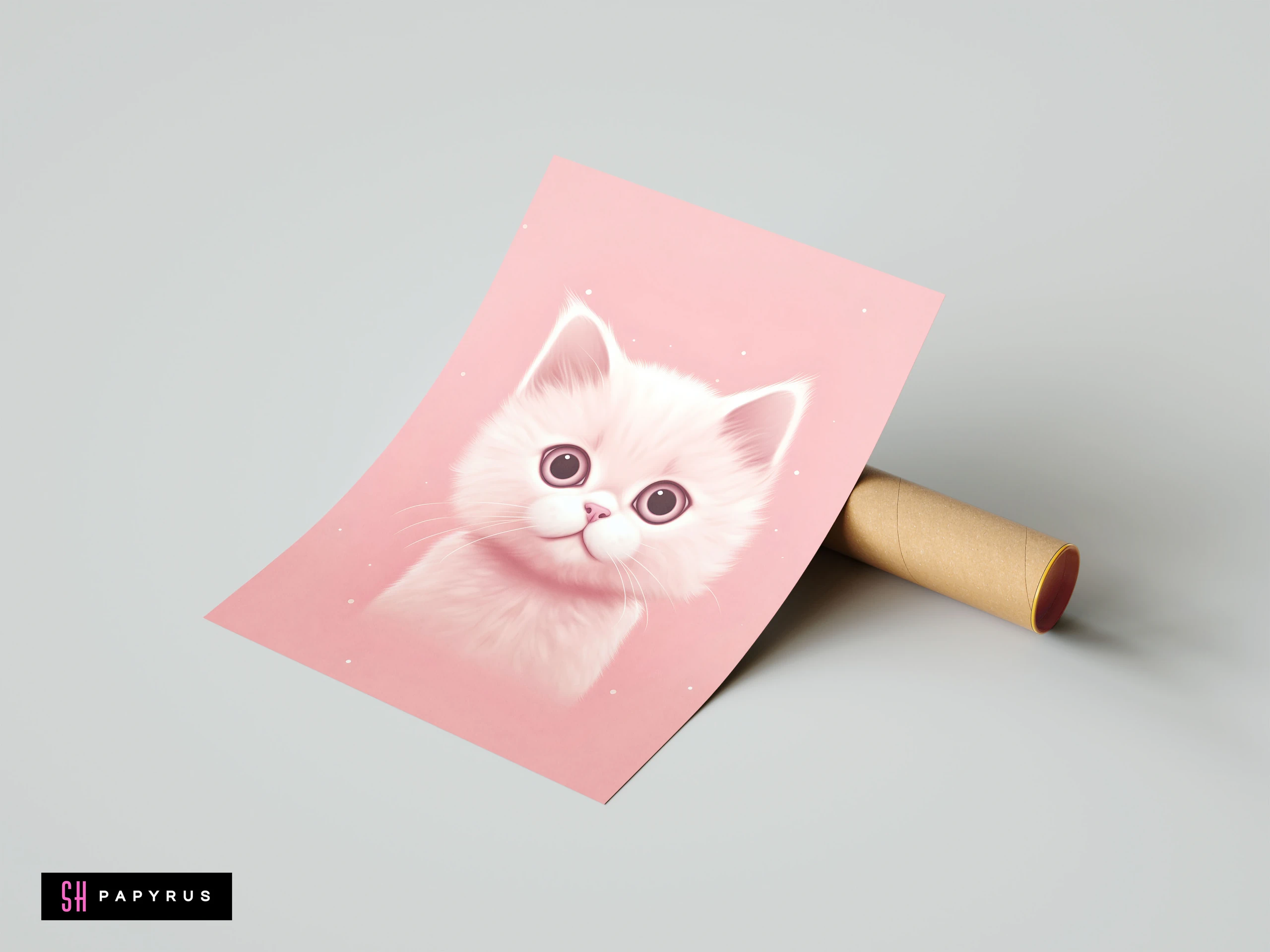 Fluffy white kitten digital art print with large expressive eyes on a pink background.