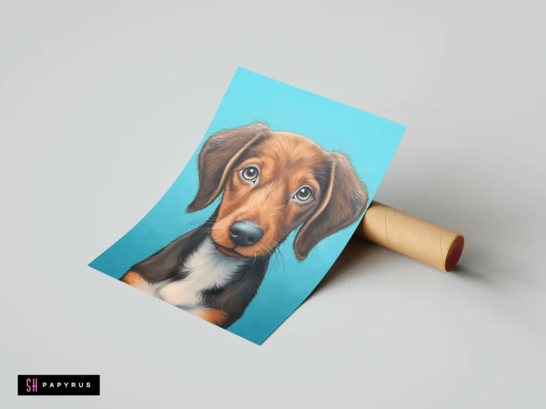 Cute brown puppy dog illustration with large eyes on a bright blue background.