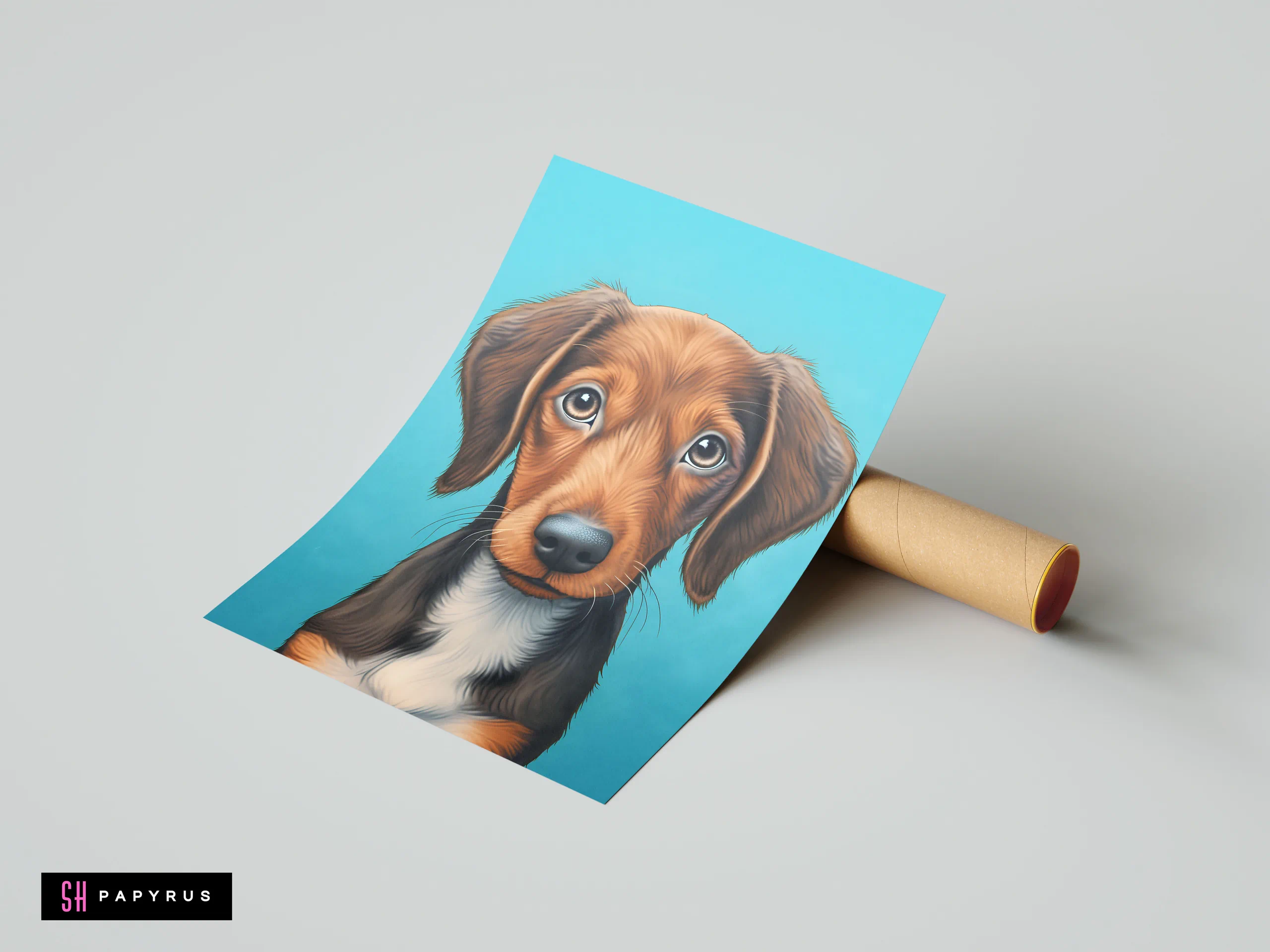 Cute brown puppy dog illustration with large eyes on a bright blue background.
