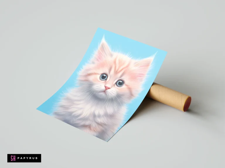 Fluffy ginger kitten art print with big blue eyes on a light blue background